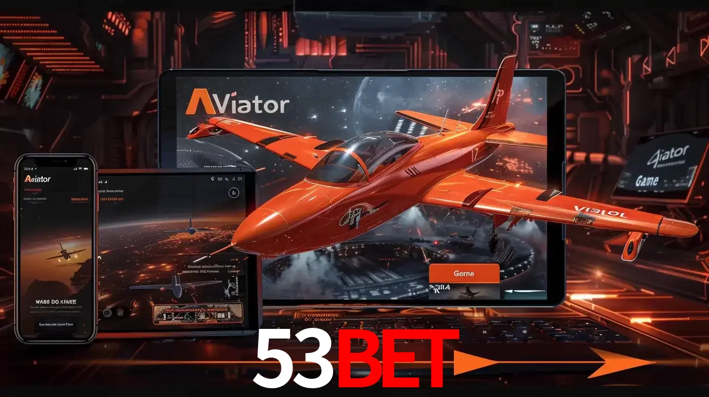 Apresentação tecnológica do jogo Aviator com um avião saindo da tela de um tablet, demonstrando a experiência imersiva em múltiplos dispositivos no 53bet.