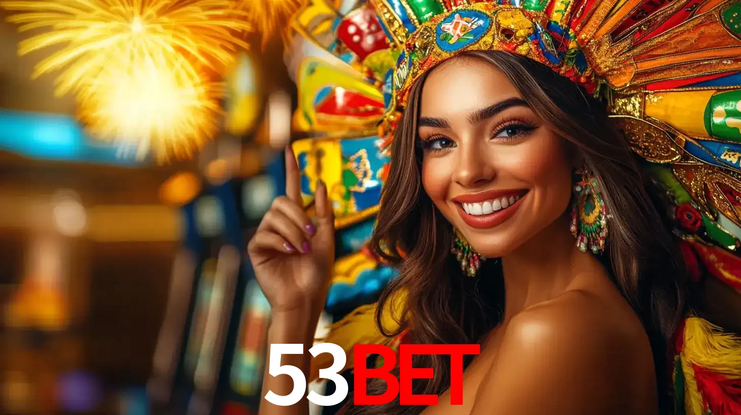 Mulher sorridente com um cocar de carnaval vibrante e colorido, celebrando uma grande vitória nos jogos do cassino 53bet com fogos de artifício ao fundo.