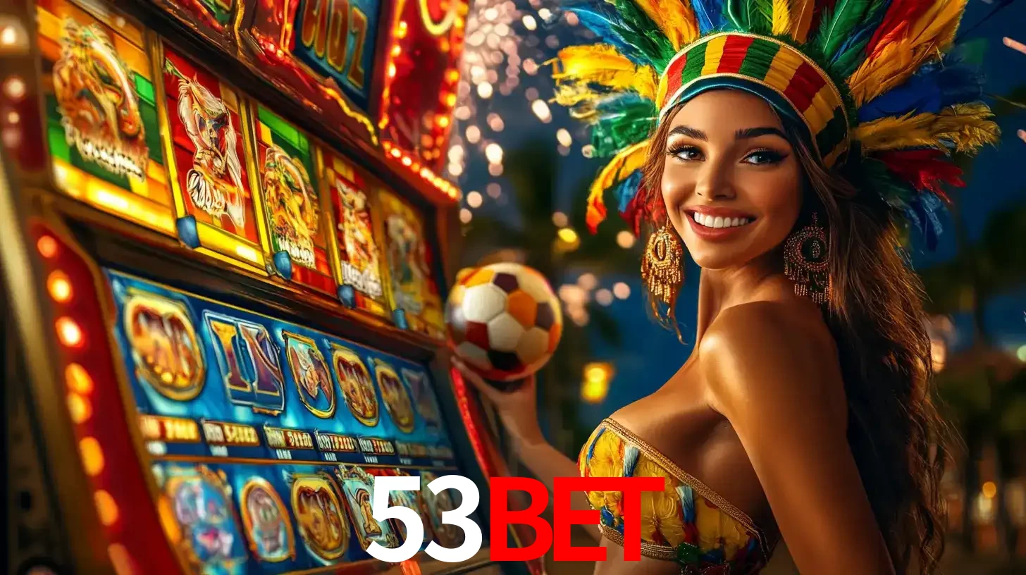 Mulher com um cocar de carnaval ao lado de uma máquina de caça-níqueis enquanto segura uma bola de futebol, mostrando a união da diversão de cassino e esportes no 53bet.