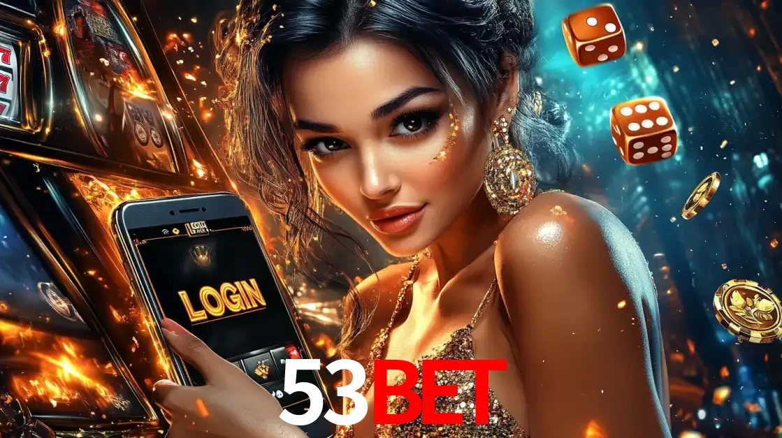 Mulher glamourosa segurando um celular com a tela de login do cassino 53bet, rodeada por dados e moedas douradas, pronta para começar a diversão.