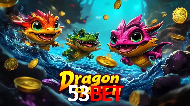 Arte promocional do jogo Dragon Hatch com três adoráveis dragões bebês nadando entre moedas de ouro, um dos slots mais divertidos para jogar no cassino 53bet.