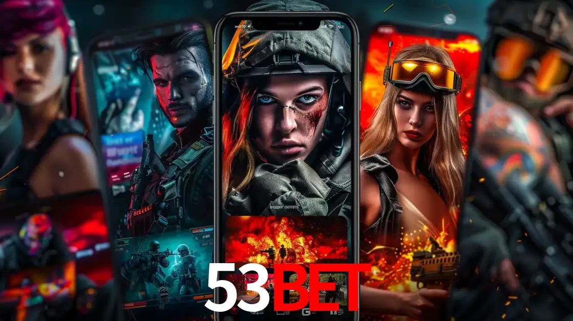 Montagem de telas de celular mostrando diversos personagens, masculinos e femininos, de um jogo de tiro, ilustrando a diversidade de equipes de e-sports para apostar no 53bet.