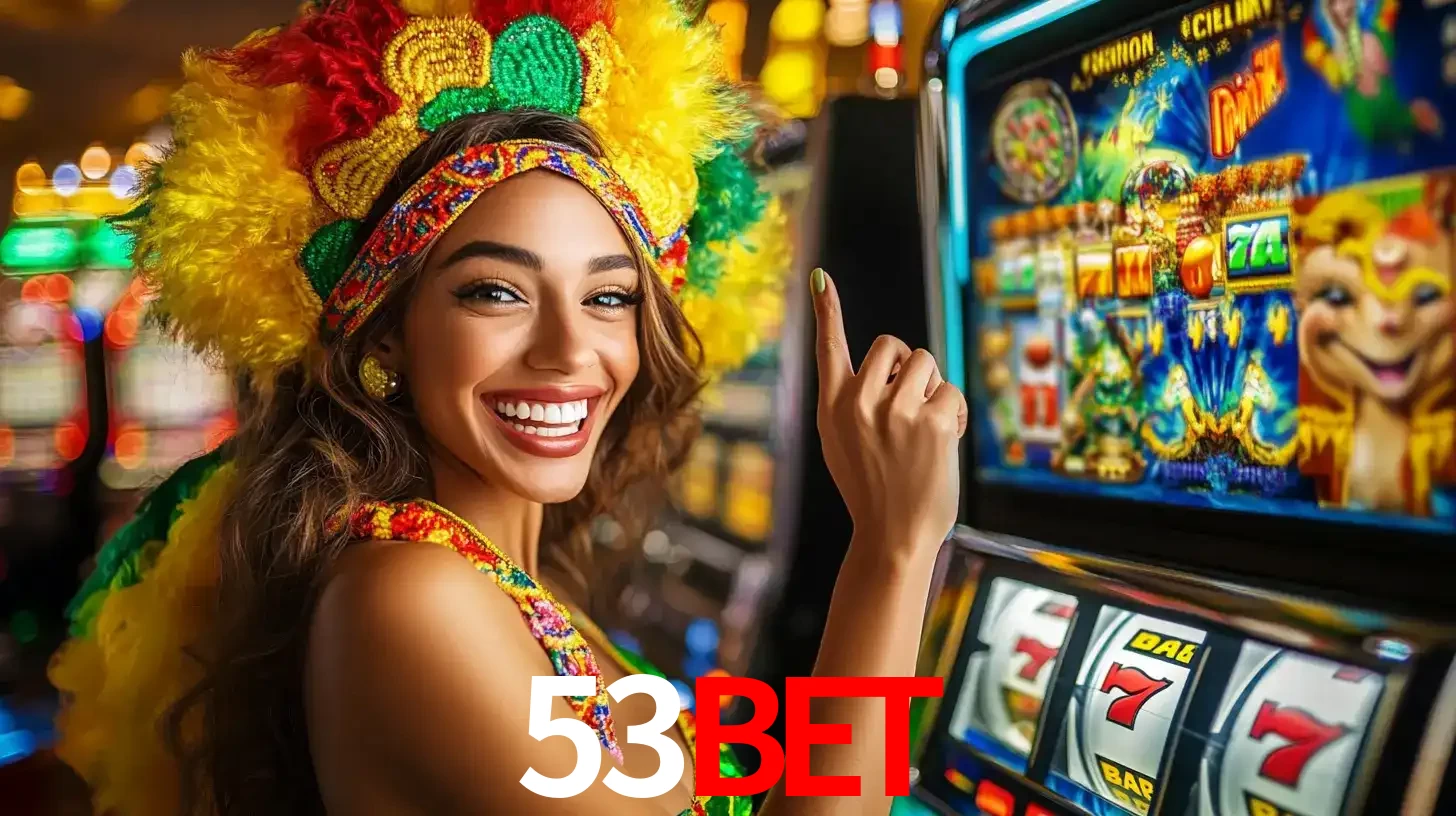Mulher animada com um cocar de carnaval apontando para uma máquina de caça-níqueis, mostrando a emoção de ganhar um grande prêmio nos jogos do 53bet.