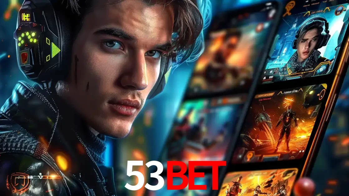 Jovem jogador com fones de ouvido olhando para a câmera, com um aplicativo de jogos e e-sports para celular ao fundo, pronto para a competição e apostas no 53bet.