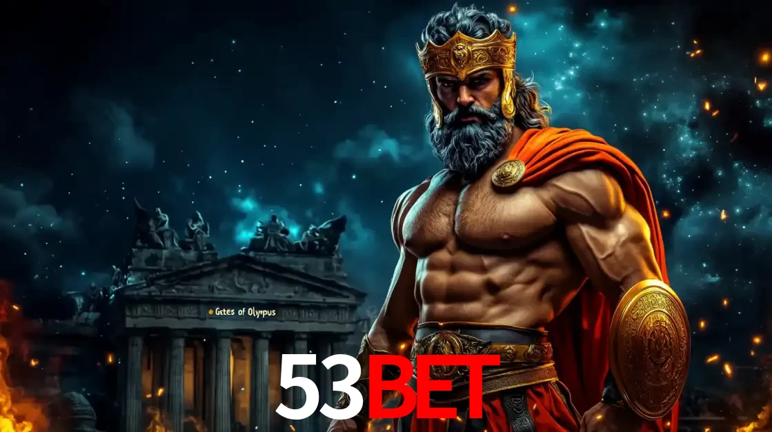 O poderoso Zeus do jogo de slot Gates of Olympus em frente ao seu templo, pronto para lançar multiplicadores divinos e prêmios épicos no cassino online 53bet.
