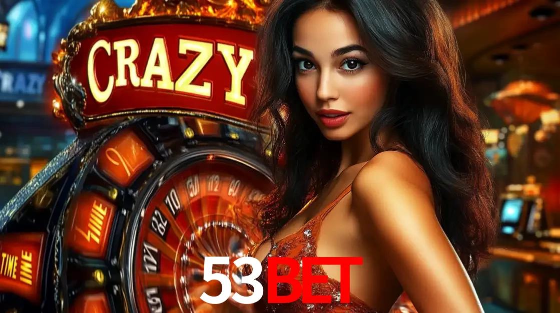 Mulher glamourosa olhando para a câmera com a roda vermelha do Crazy Time ao fundo em um ambiente de cassino, destacando a emoção dos jogos ao vivo no 53bet.