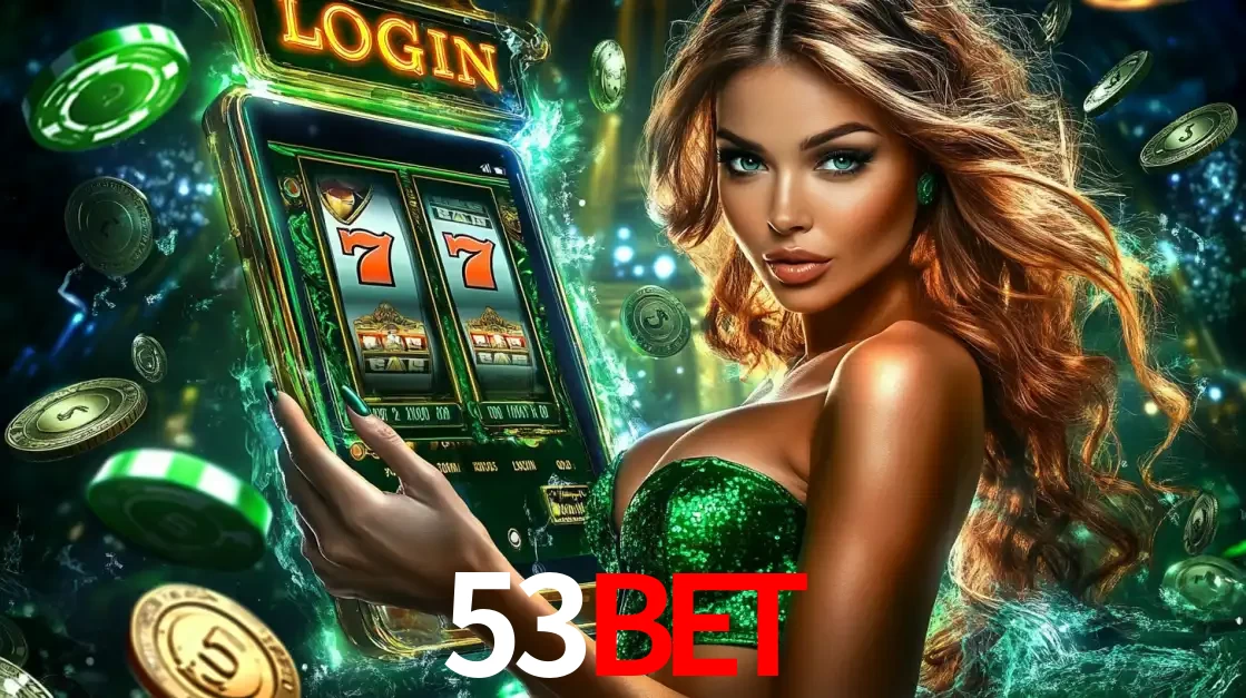 Mulher com tema verde apresentando o aplicativo do cassino 53bet com um jogo de slot de 777, cercada por fichas de cassino e uma aura de sorte.
