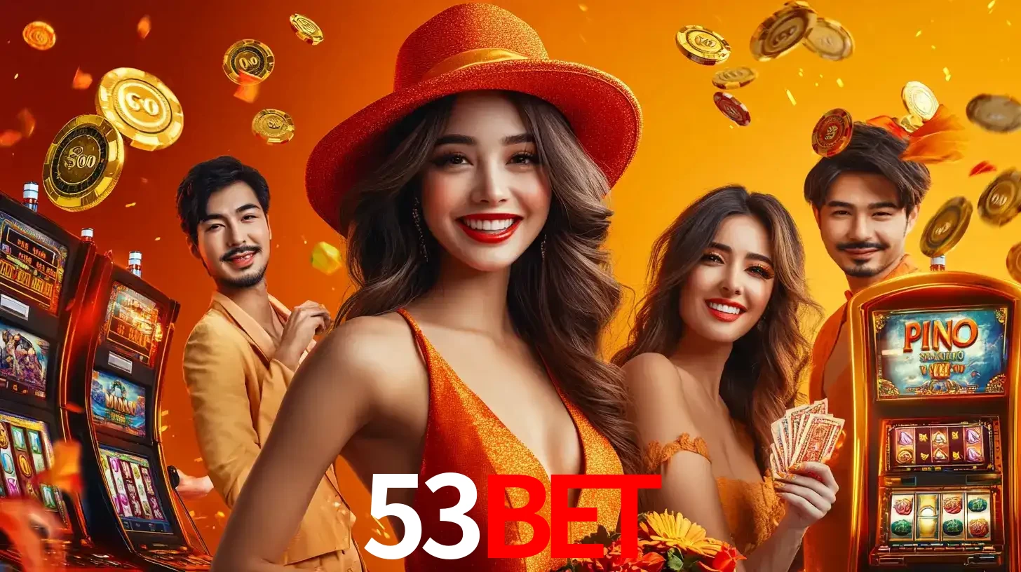 Grupo de amigos asiáticos sorrindo e se divertindo com máquinas de caça-níqueis em um ambiente festivo, celebrando suas vitórias nos jogos de cassino do 53bet.
