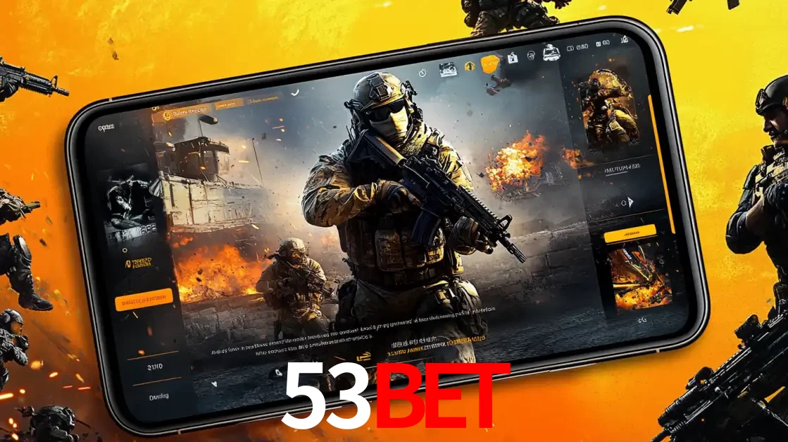 Um smartphone exibindo a interface de um jogo de tiro em primeira pessoa, com um soldado em um cenário de batalha, representando a ação dos e-sports para apostar no 53bet.