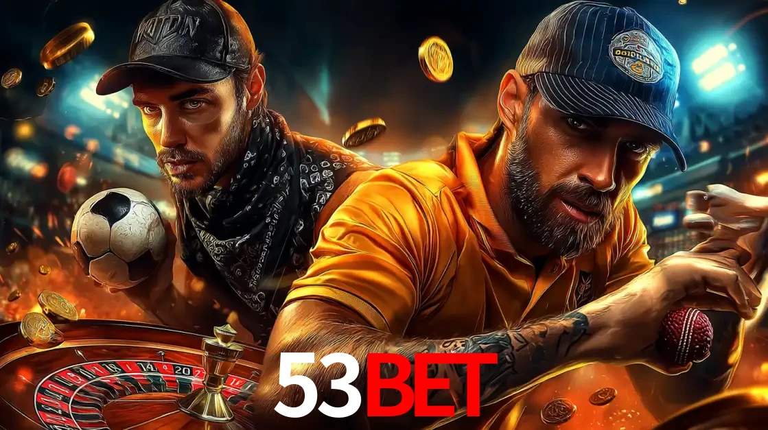 Montagem de apostas esportivas e cassino no 53bet, com um homem segurando uma bola de futebol e outro uma de beisebol sobre uma roleta e moedas voadoras.