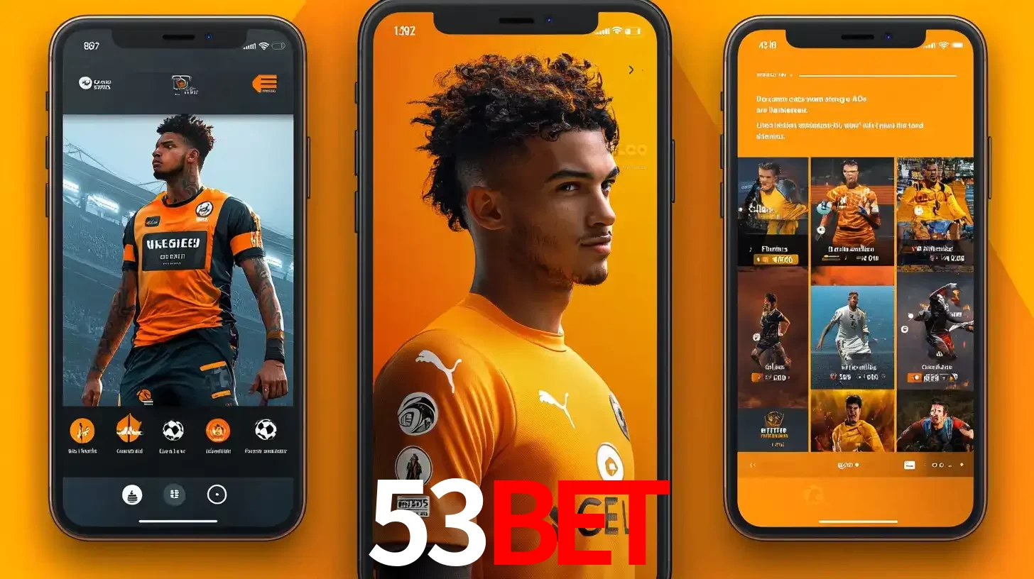 Interface do aplicativo de apostas esportivas 53bet em três telas de celular, mostrando o perfil de um jogador de futebol e a lista de jogos disponíveis para apostar.
