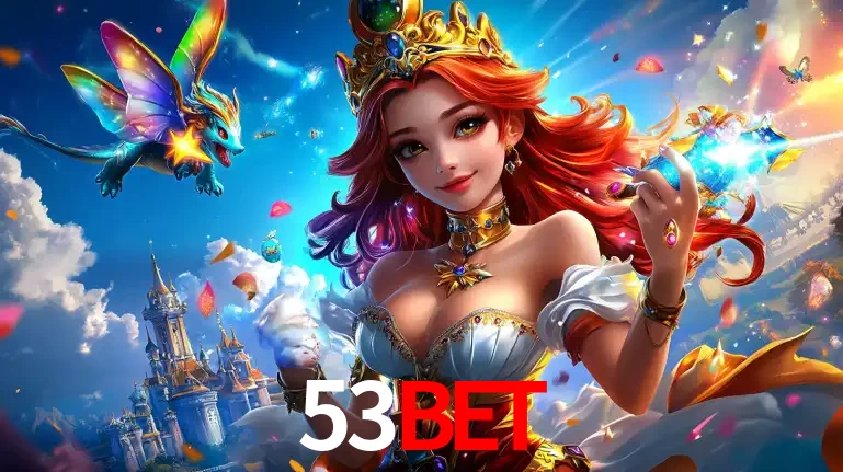 A princesa de um reino de fantasia mágico, com seu pequeno dragão, apresentando um mundo de prêmios encantados nos jogos de caça-níqueis do cassino 53bet.