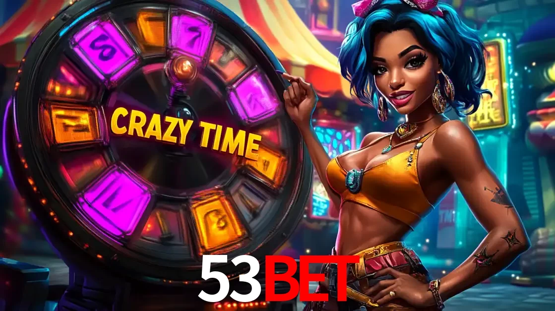Mulher estilizada com cabelo azul e visual vibrante posando ao lado da roda de prêmios do game show Crazy Time, convidando para a diversão e os bônus do cassino 53bet.