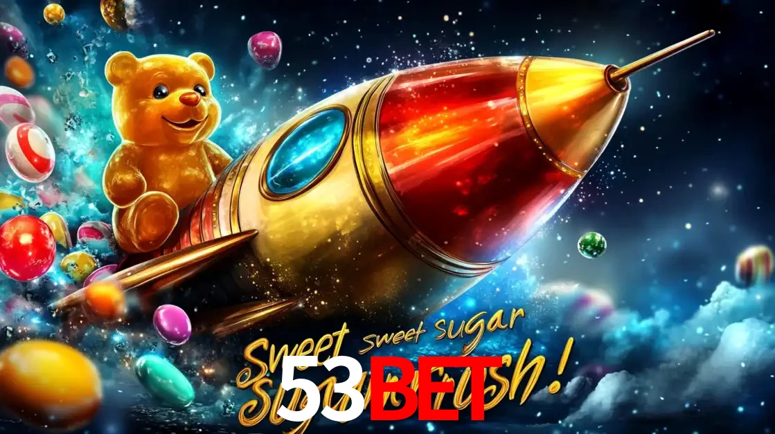 Arte promocional do jogo de slot Sugar Rush, com um urso de pelúcia em um foguete viajando pelo espaço de doces, um dos jogos divertidos disponíveis no cassino 53bet.