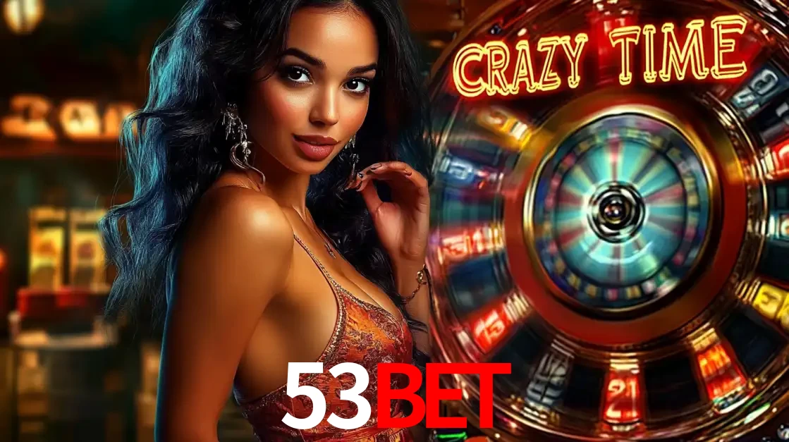 Mulher elegante ao lado da vibrante roda da fortuna do jogo de cassino ao vivo Crazy Time, um dos game shows mais populares e cheios de prêmios do 53bet.