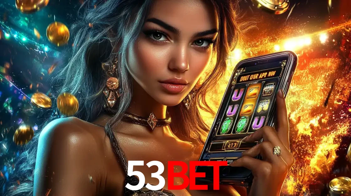 Mulher elegante mostrando um jogo de caça-níqueis em seu smartphone, destacando a experiência de cassino móvel oferecida pelo aplicativo 53bet.