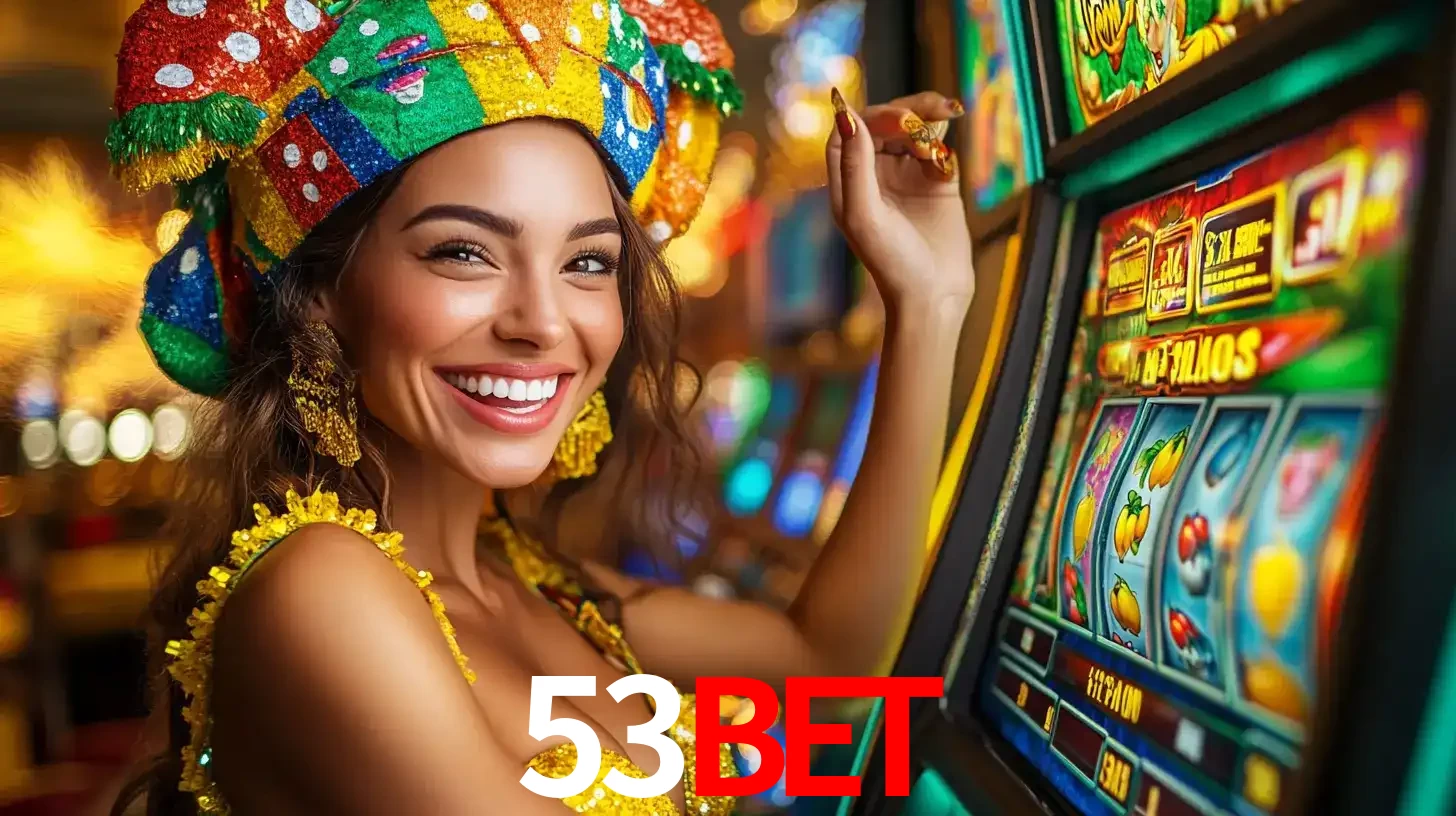 Mulher feliz com traje de carnaval amarelo e colorido ao lado de uma máquina de caça-níqueis, aproveitando a diversão e os jogos temáticos do cassino 53bet.