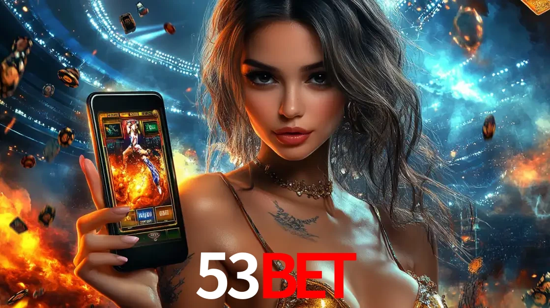 Mulher segurando um celular com um jogo de slot em destaque, tendo como fundo um estádio vibrante, simbolizando a emoção de jogar no cassino móvel 53bet.