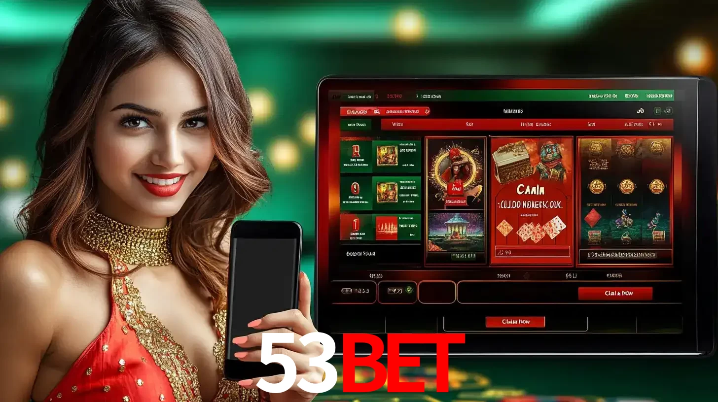 Mulher sorridente segurando um smartphone, ao lado de uma tela exibindo o lobby de jogos do cassino online 53bet, com várias opções de jogos de cartas e slots.